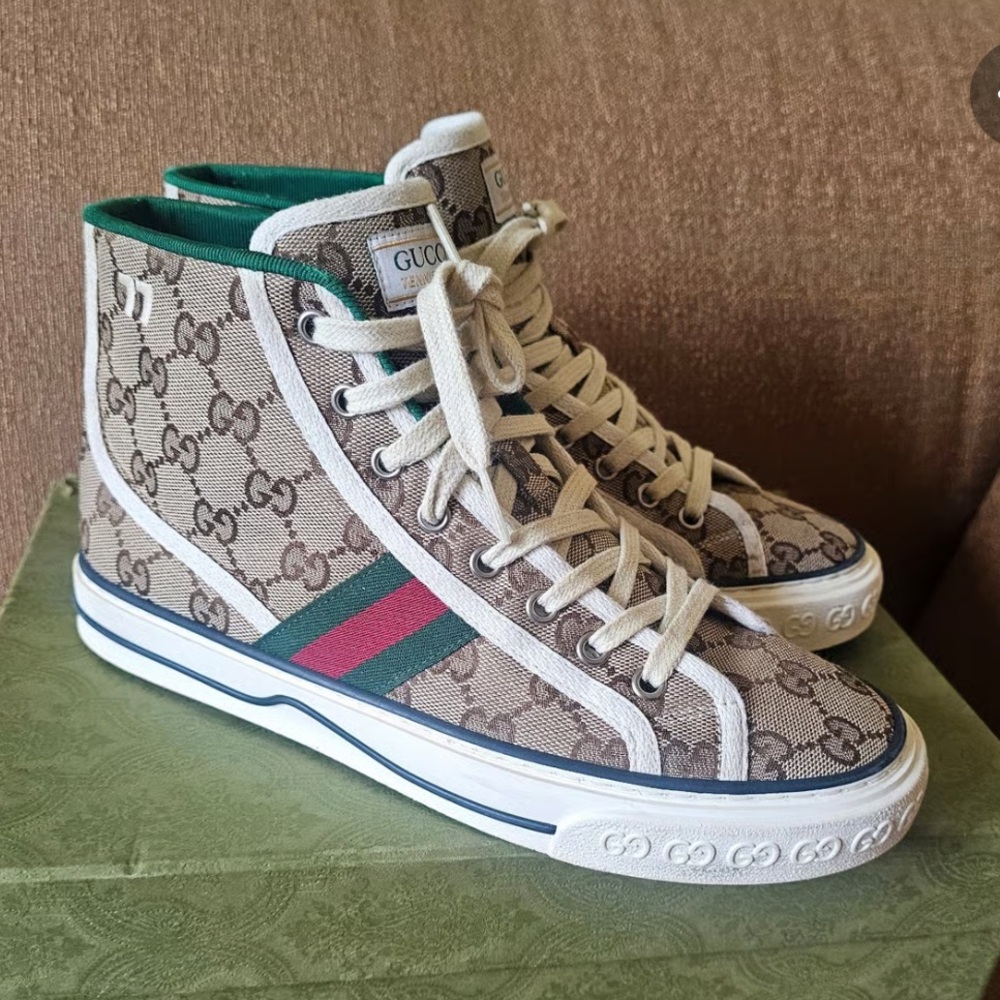 Gucci Beige Monogram High-Top Sneakers with Green and Red Stripes